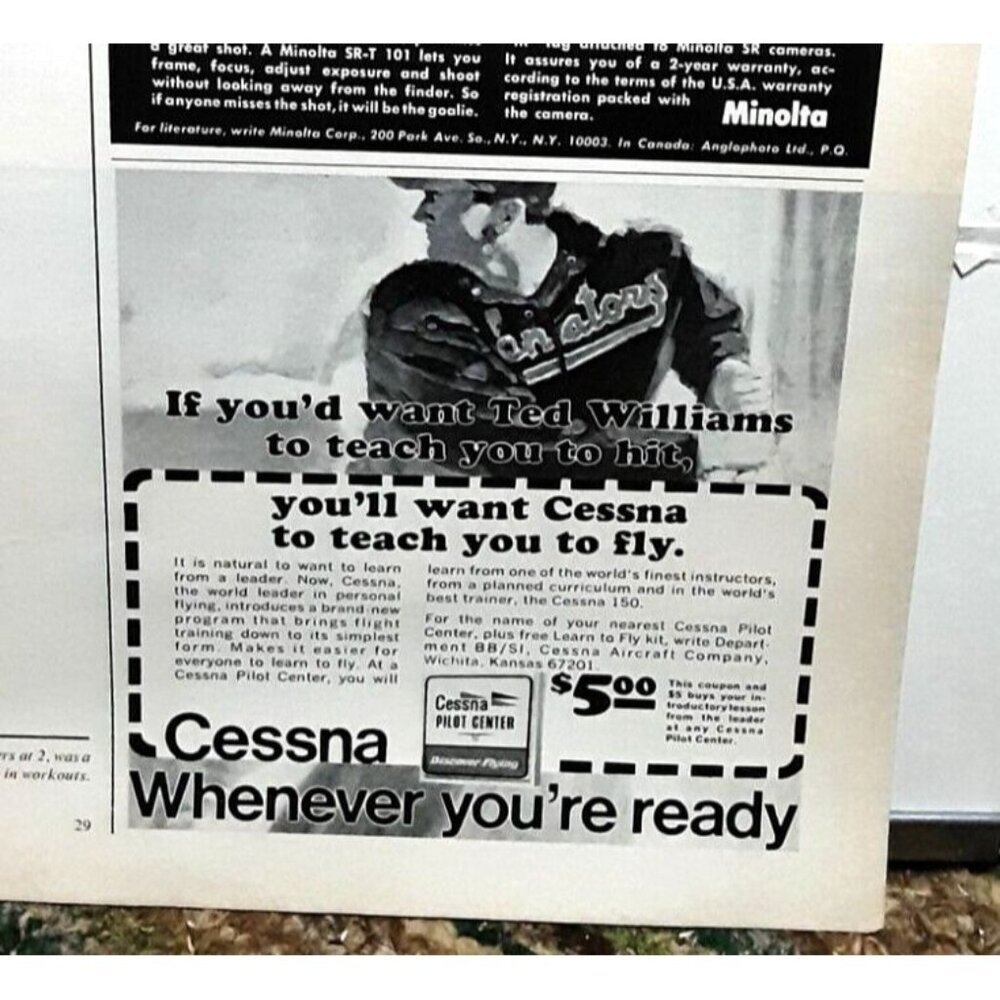 1971 Cessna Flying Ted Williams Senators Airplane Original Print Ad 70s